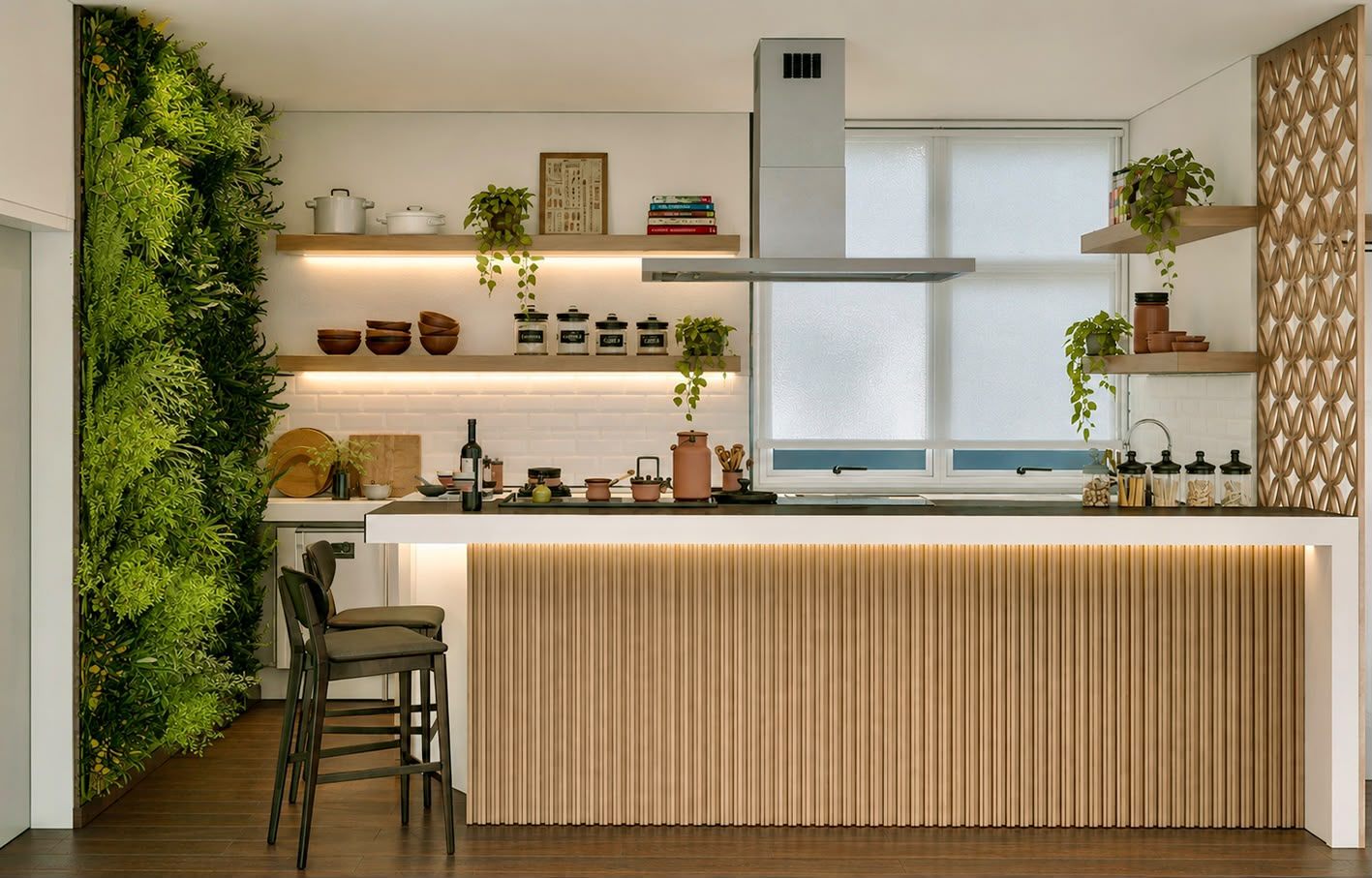 Cozinha Conceito: ilha central com cooktop e coifa, jardim vertical e luz natural
